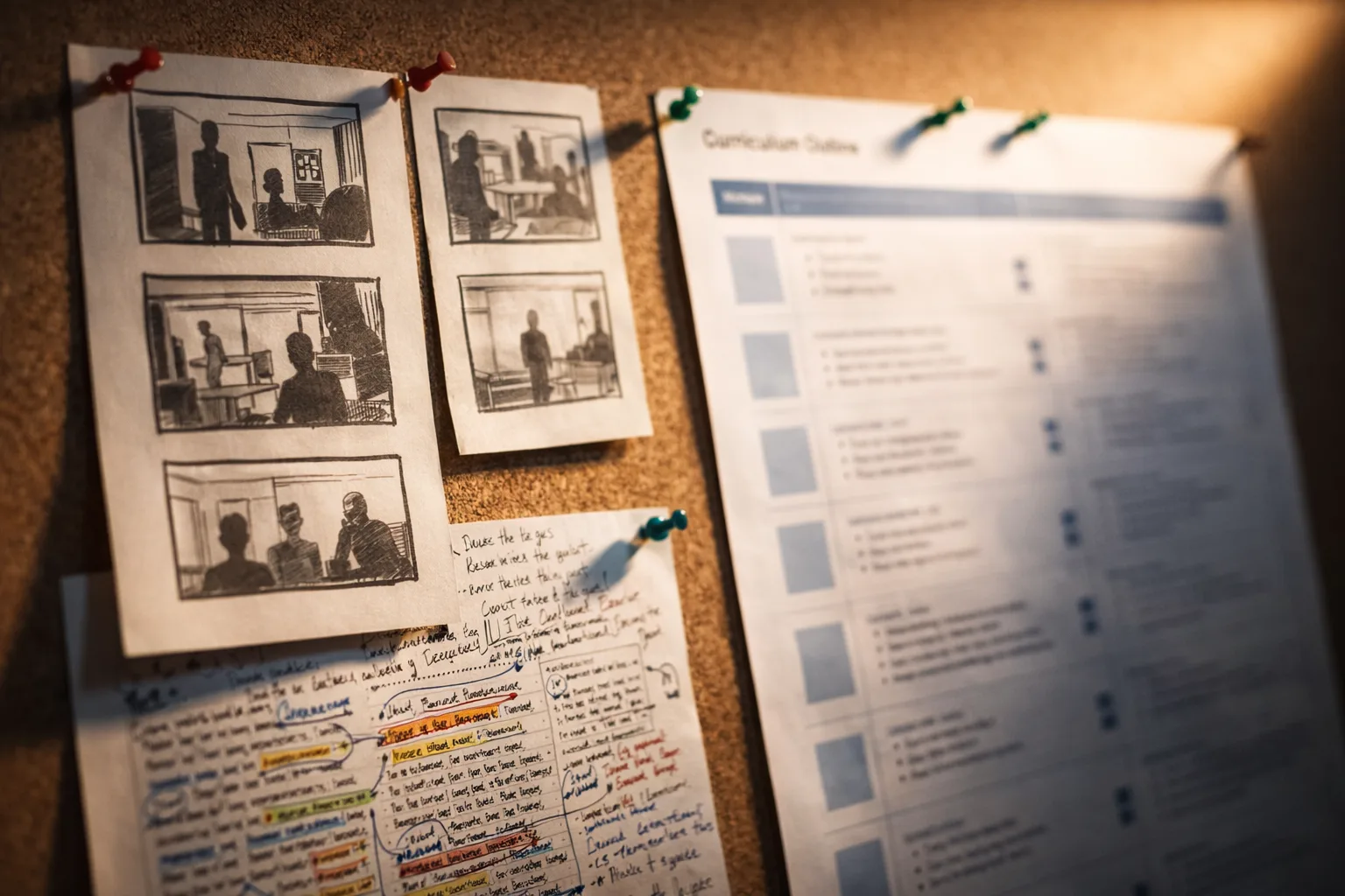 Curriculum storyboards, annotated notes, and programme documents pinned to a working wall